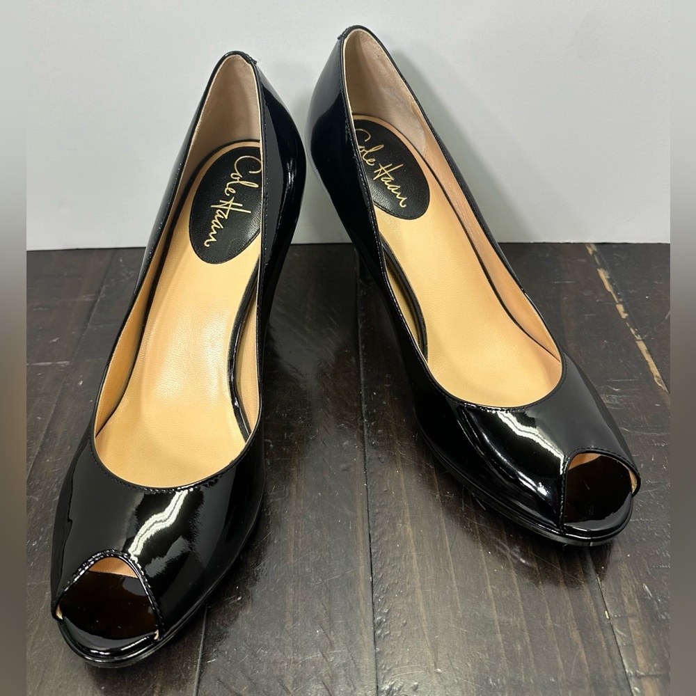 Cole Haan ‘Carma’ Open Toe Black Patent Leather Heels, 8 1/2 AA, NikeAir Soles